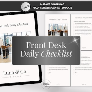 Könnte beinhalten: Eine digitale Vorlage für eine tägliche Checkliste für die Rezeption, mit dem Text "Front Desk Daily Checklist" prominent dargestellt. Das Bild zeigt einen Saloninnenraum und das Logo von Luna & Co. Salon. Die Vorlage ist vollständig editierbar und sofort zum Download verfügbar.