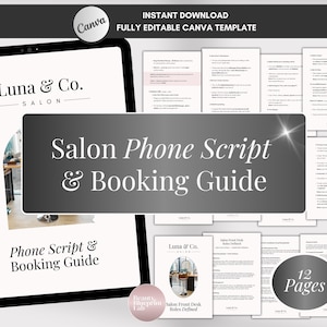 Puede incluir: Una plantilla digital para un salón, con el texto "Salon Phone Script & Booking Guide". El diseño incluye una tableta que muestra el logotipo de Luna & Co. Salon y varias páginas con texto. La plantilla es totalmente editable en Canva.