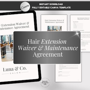 Plantilla de exención de extensiones de cabello: Formulario de consentimiento del cliente del salón (Canva editable, descarga digital)
