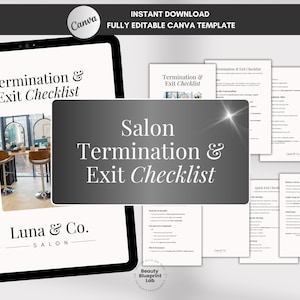 Op de afbeelding: Een digitale Canva-sjabloon getiteld "Termination & Exit Checklist" voor salons. De afbeelding toont een tablet met de checklist, een stapel afgedrukte checklists en het Luna & Co. Salon-logo. De sjabloon is volledig bewerkbaar.