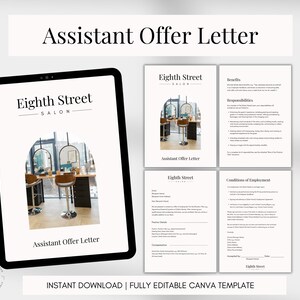 Plantilla de carta de oferta de asistente de salón editable, formulario de nueva contratación, carta de empleo de estilista, PDF de incorporación de salón de belleza imprimible