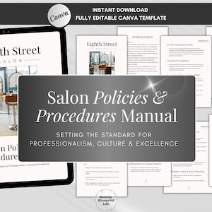 May include: A digital document titled "Salon Policies & Procedures Manual" with the text "Eighth Street Salon." The manual is displayed on a tablet and printed pages. The cover text reads "Setting the Standard for Professionalism, Culture & Excellence."