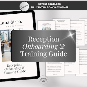 May include: A digital Canva template for a salon's reception onboarding and training guide. The image shows a tablet displaying the guide's cover, with the salon's logo and the guide's title. Several pages of the guide are also visible.
