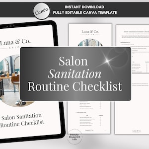 Może przedstawiać: Tablet cyfrowy wyświetla szablon "Salon Sanitation Routine Checklist" od Luna & Co. Obraz zawiera wydrukowane listy kontrolne i tekst "NATYCHMIASTOWE POBIERANIE W PEŁNI EDYTOWALNY SZABLON CANVA". Projekt jest dla profesjonalistów z branży kosmetycznej.