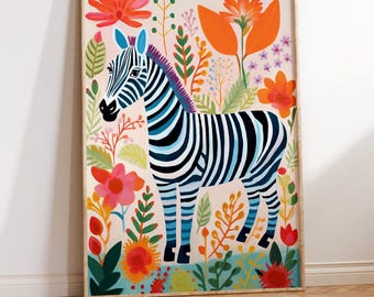 Zebra Wall Art Print with Flowers for Living Room Kids Room Animal Art Decor Nursery  Nature Lover Gift Animal Botanical Decor