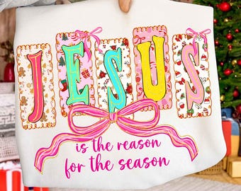 Christian Christmas PNG, Retro Tree Design, Jesus Is The Reason For The Season PNG, Coquette Bow Holiday PNG, Hand Drawn Gingham Doodle Png