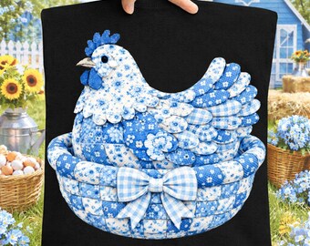Faux Yarn Blue Toile Chicken Hen PNG, Patchwork Duck PNG, Chinoiserie Farm Design, 90s Quilt PNG, Trendy Grandma Chicken Sublimation