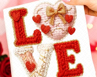 Faux Yarn Crochet Love Valentines Day PNG | Latch Hook Yarn Heart Sublimation Designs | Coquette Retro Valentine Shirt PNG Download