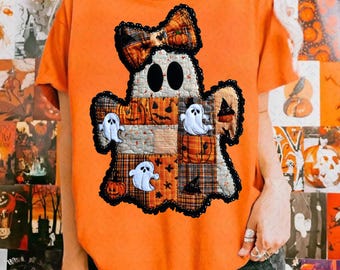 Patchwork Ghost PNG, Halloween Vintage Quilt Ghost Sublimation, Cozy Spooky Fall Shirt Design, Retro Halloween Ghost PNG, Trendy Ghost PNG