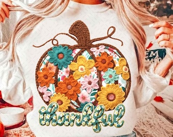 Filato all'uncinetto con zucca floreale in formato PNG, design per maglietta con zucca del Ringraziamento in stile boho, file autunnale con filato sintetico