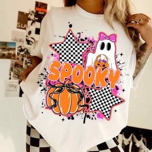 Spooky Halloween Ghost Png, Cute Checkered Ghost Coquette Png, Preppy Spooky Season Png, Girly Pumpkin Sublimation, Pink Halloween Shirt Png