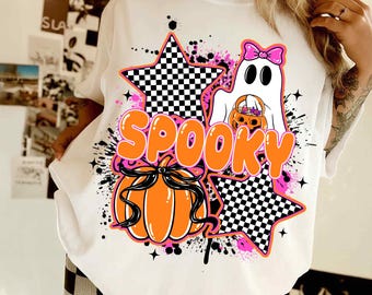 Spooky Halloween Ghost Png, Cute Checkered Ghost Coquette Png, Preppy Spooky Season Png, Girly Pumpkin Sublimation, Pink Halloween Shirt Png