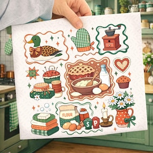 May include: A decorative kitchen-themed print featuring illustrations of a duck, oven mitt, coffee grinder, pie, cupcake, and other baking-related items. The print has a light background with a variety of colorful images and a decorative border.