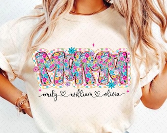 Preppy Mama Floral Glitter Png, Retro Boho Floral Mama with kids names Png, Everyday Png, Custom Preppy Mama Design, Checkered Sublimation
