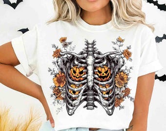 Retro Halloween PNG, Floral Ribcage Pumpkins PNG, Skeleton Fall Clipart, Halloween Skeleton Png, Spooky Season Png, Pumpkin Halloween Png