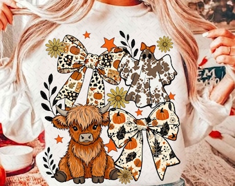 Coquette western spook png, Highland Cow png, Western Halloween png, bloemen herfststrik png, boho pompoencoquette png, cowboy herfst png