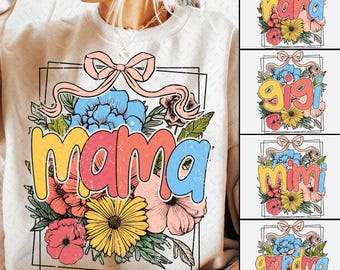 Retro Mama Floral Glitter Bundle PNG, Mama Flowers, Spring Floral Png, Preppy Mama png, Mothers Day Png, Coquette Bow png, Christian Mom png