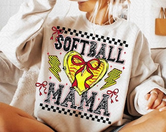 Retro Softball Mama Png: Checkered Bow Design (Digital Download)