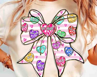 Be Mine Valentine Coquette Png, Conversation Candy Heart Bow Sublimation, Pink Brushstroke Valentine Shirt Design, XoXo Png