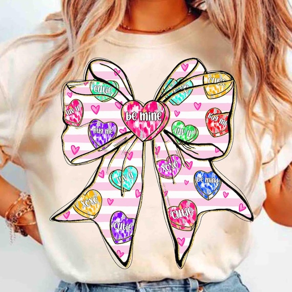 Be Mine Valentine Coquette Png, Conversation Candy Heart Bow Sublimation, Pink Brushstroke Valentine Shirt Design, XoXo Png