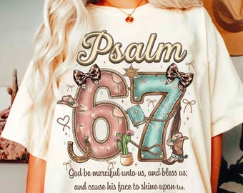 Western Psalm 67 Six Seven PNG, Coquette Christian Bible Verse Design, Turquoise Brown Bow Trend