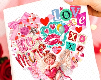 Collage di San Valentino retrò in formato PNG, design per maglietta di San Valentino a quadri, stampa leopardata floreale preppy in sublimazione, download di XoXo Be Mine