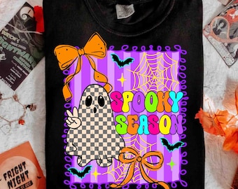 Neon Halloween Spooky Season Png, Coquette Ghost Png, Girly Halloween Pumpkin Png, Preppy Halloween Shirt Design, Checker Ghost Sublimation