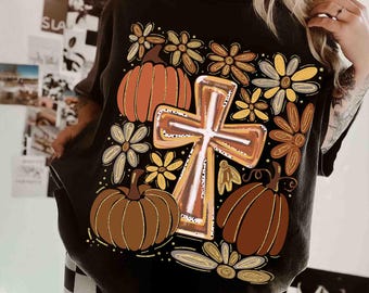 Boho Floral Pumpkin Cross Fall Jesus, Autumn Pumpkin Floral, Retro Fall Png, Fall Cross Bow, Fall Christian Png, Autumn Pumpkin Shirt Design