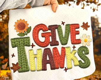 Faux Yarn Give Thanks PNG Thanksgiving Hand Drawn Doodle Whimsical Boho Rustic Brush Stroke Fall Retro Trendy Sublimation 2025