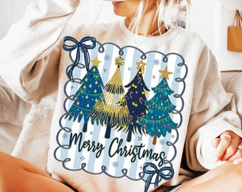 Preppy Merry Christmas Tree Png, Christmas Shirt Png, Merry and Bright png, Xmas png, Glitter Christmas Tree Png, Coquette Christmas Png