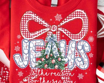 Coquette Floral Christmas Jesus Png, Preppy Christmas Bow Png, Checkered Red Plaid Png, Jesus Is The Reason, Faux Glitter,Nativity Scene Png