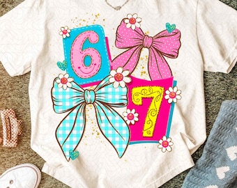 Funny Six Seven Coquette Bow Png, 67 Viral Internet Joke Digital Design, Preppy Girly Floral Shirt Design, Trending Social Media Humor Png