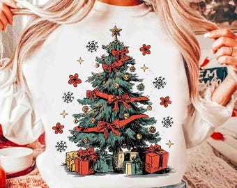 Vintage Christmas Tree Png, Retro Xmas Coquette Bow Png, Floral Preppy Christmas Png, Tis the Season Png, Distressed Christmas Boho Png
