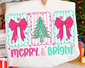 Floral preppy christmas tree bow png, merry & bright png, floral coquette png, preppy christmas png, Pink Blue christmas png,merry christmas