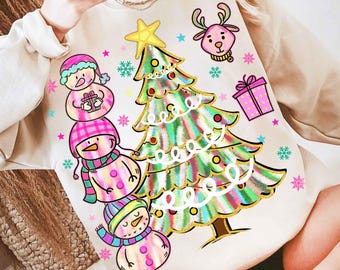 雪だるまのクリスマスツリーPNG、ブラシストロークのクリスマスPNG、休日の風景PNG、かわいい雪だるまPNG、お祝いの昇華デザイン、クリスマスシャツPNG