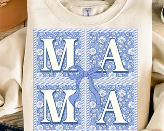 Blue Floral Chinoiserie Mama Coquette Png, Checkered Mama Png, Mama Png, Mama Varsity Png, Mothers Day Png, Gift for Mom, Grand Millennial