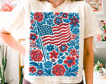 Floral American Flag PNG, Patriotic 4th of July Sublimation Design, Red White and Blue Boho Flowers Graphic, Independence Day Shirt PNG