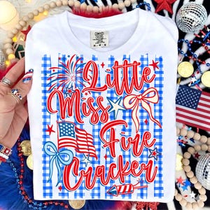 Retro Striped Blue Gingham Little Miss Firecracker Png, Kids 4th Of July Png, Land Of The Free, American Girl, Patriotic Png, Red White Blue