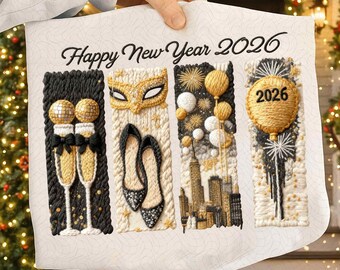 Faux Yarn Happy New Year 2026 Png, Glitter New Years Png, Black And Gold Glitter New Year Crochet Yarn Png, Cheers New Years Png, Disco Ball