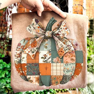 May include: A decorative pumpkin-shaped pillow with a patchwork design. The pumpkin is composed of various fabric squares in shades of orange, green, and cream, adorned with floral patterns. A large bow with floral accents sits atop the pumpkin. The pillow is held by a hand.