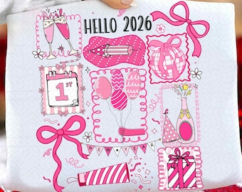Coquette Pink New Year 2026 Png, New Year Doodle Collage Png, Pink Glitter New Years Eve Design, Hello 2026 Sublimation, Disco Ball
