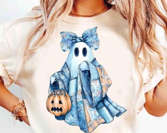 Retro Halloween Blue Denim Png, Trendy Patchwork, gruseliger Geist Png, Süßer Boo Geist, Kokette Png, Herbst Kürbis Png, Gruselige Jahreszeit Png