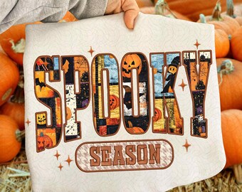 Faux embroidery Spooky season png, Patchwork Ghost and pumpkin png, Vintage halloween png, cozy season png, Retro Halloween Ghost, halloween