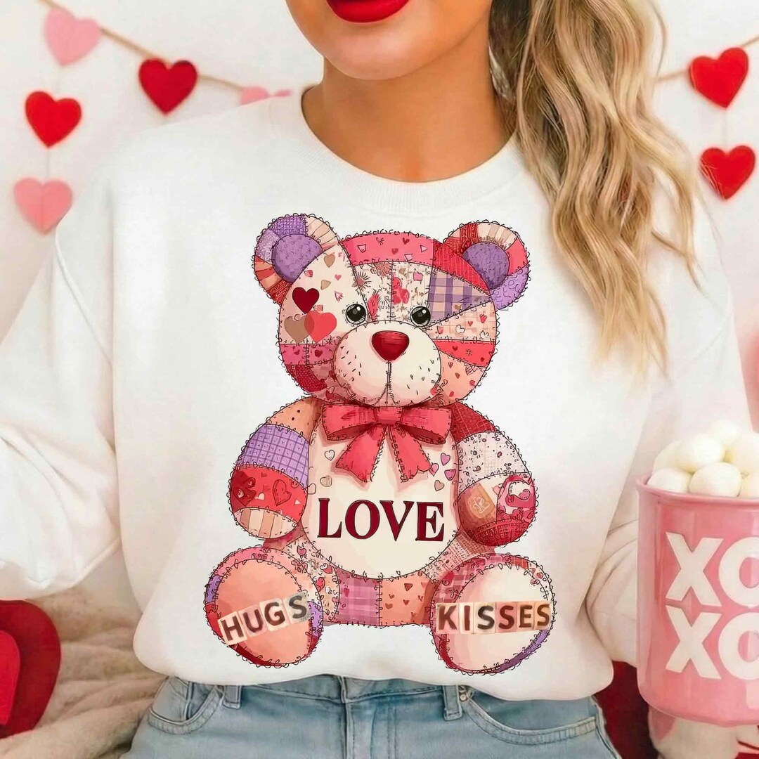 Patchwork Teddy Bear PNG, Valentine Hugs and Kisses PNG, Quilted Love ...