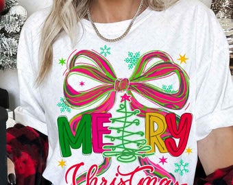 Merry Christmas Coquette Png, Preppy Christmas Shirt Png, Merry and bright png, Xmas png, Bow Christmas Tree Png, Christmas Sublimation Png