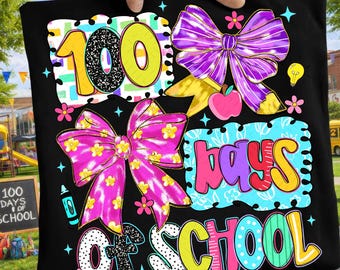 100 días de colegio (Png), lápiz con lazo coqueto (Png), camisa de profesor/a/a y estudiante (Png), purpurina a cuadros (Png), 100 días preppy (Png), descarga digital