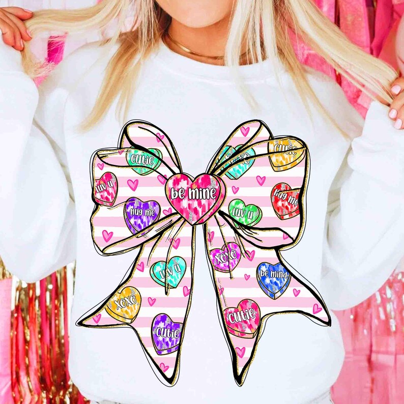 Be Mine Valentine Coquette Png, Conversation Candy Heart Bow Sublimation, Design per maglietta di San Valentino con pennellata rosa, XoXo Png immagine 6