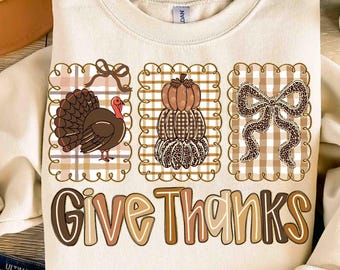 Coquette Give Thanks PNG Thanksgiving Hand Drawn Doodle Whimsical Three Frames Bow Preppy Brush Stroke Fall Retro Trendy Sublimation 2025