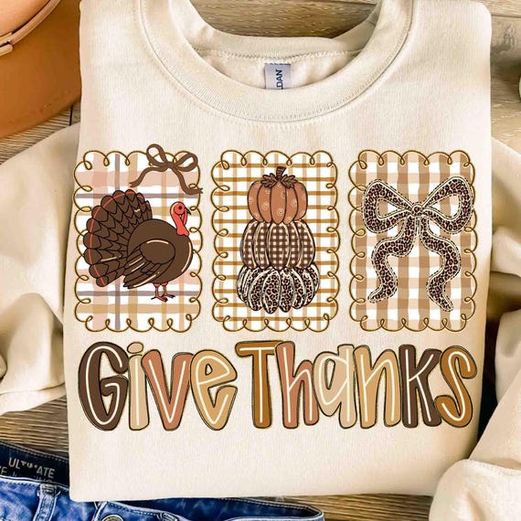 Coquette Give Thanks PNG Thanksgiving Hand Drawn Doodle Whimsical Three Frames Bow Preppy Brush Stroke Fall Retro Trendy Sublimation 2025