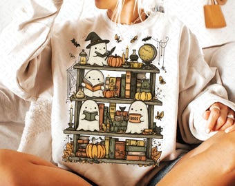 Retro Halloween Bookshelf Png, Boo Ghost Reading Book Png, Cute Halloween PNG, Halloween Book Png, Halloween Sublimation Design, Library Png
